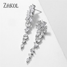 ZAKOL Poland AAA Cubic Zirconia Long Leaf Dangle Drop Earrings for Women Fashion - £18.09 GBP