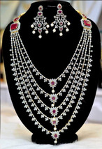 Bollywood Fashion CZ Gold Plated Bridal Style Necklace Long AD Jewelry Haram Set - £196.68 GBP