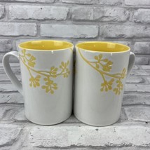 Pier 1 Sunny Branch Mug Set of 2 Wild Olive White Stoneware Yellow Leaves  - $15.23