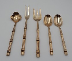 Thai Bronze Gold Bamboo Handle Set Of 5 Serving Pieces Flatware Fork Spoon - $24.99