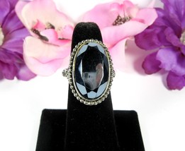 Vintage HEMATITE GEM RING Adjustable Gunmetal Gray Oval Faceted Silvertone - $21.77