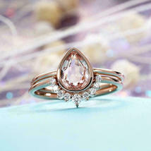 1.20Ct Pear Cut Morganite &amp; Diamond 14K Rose Gold Finish Wedding Bridal Ring - £76.45 GBP