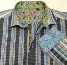 Robert Graham Men&#39;s Shirt Long Sleeve Embroidered Blue Gray Purple Flip Cuffs Xl - £35.92 GBP