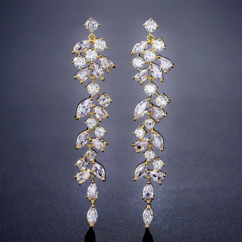 Fashion Cubic Zirconia Leaf Dangle Drop Earrings for Elegant Women CZ Crystal Lo - £13.81 GBP
