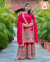 Pink Princess: Pure Chinnon Silk Top-Sharara Set with Intricate Embroidery - $60.00