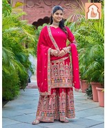 Pink Princess: Pure Chinnon Silk Top-Sharara Set with Intricate Embroidery - $1,129.41 MXN