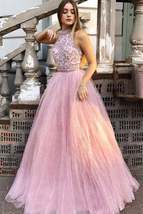 Sparkly Tulle A-line Halter Appliqued Long Prom Dresses, Evening Gowns - £147.83 GBP