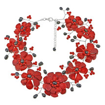 Stunning Red Stone and Coral with Black Pearl Floral Statement Necklace - £49.81 GBP