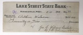 Lake Street State Bank Minneapolis Minnesota Antique Check 1918 #189 9/2... - £9.43 GBP