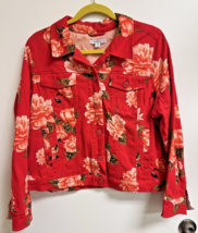 Isaac Mizrahi Live Red Rose Floral Women&#39;s Denim Coat Jacket SZ 14 - £22.53 GBP