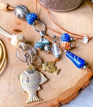 The Limited Charm Gold Fish Rope Y Silver Necklace Blue Wood Long Bead BOHO VTG - $26.87