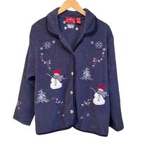 Womens Blue Fleece Jacket Holiday Lodge by North Crest Snowman Size Larg... - $11.88