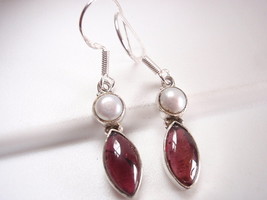 Cultured Pearl &amp; Garnet Marquise 925 Sterling Silver Earrings Corona Sun - £11.42 GBP