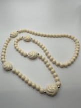 Vintage Off White Geometrical Faux Carved Bead Necklace 35 inch - £30.85 GBP