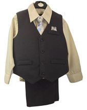 K.C. Collection Boys 4 Piece Vest Set Brown &amp; Khaki Shirt Tie Hanky Sizes 5 -6 - £27.90 GBP