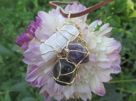 Raw Selenite, Raw Amethyst, and Apache tear pendant. Wire wrapped, gold wire. - £22.18 GBP