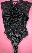Victoria&#39;s Secret S TEDDY Bodysuit velvet velour BLACK Lace - $89.09