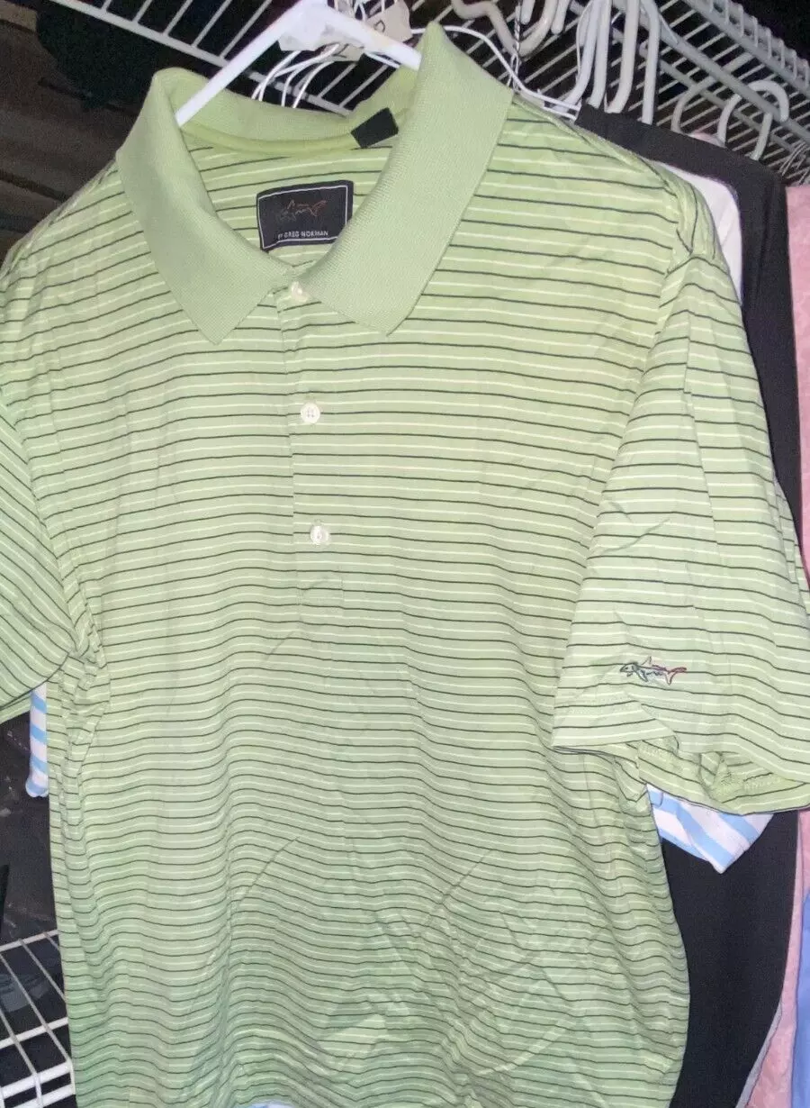 Greg Norman Golf Polo Shirt Mens Medium Green Stripe Short Sleeve Collard - £9.24 GBP