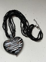 Multistrand Tiny Black Beads w Large Silver &amp; Black Art Glass Heart Pendant Neck - £11.76 GBP