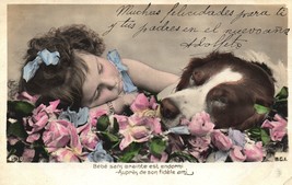 Girl St Bernard Dog Vintage Original 1900s Children Postcard Cherished M... - £11.09 GBP