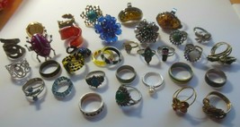 Vintage-Modern RING Lot 34 Piece Cocktail, Rhinestone, Plastic, Enamel - £59.28 GBP