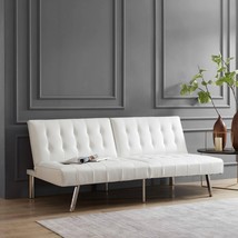 Mid-Century Modern Split Back Futon Sleep Sofa Bed in White Faux Leather - £296.38 GBP