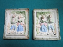 Chase Ceramic Bisque Japan 1940s Wall Plaques Victorian Couple 4 X 5&quot; - £58.15 GBP