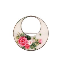 Circular Round Polymer Clay Pink Rose Pin Flowers Bouquet Floral Leaves Garden - £8.11 GBP