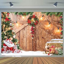 7X5Ft Christmas Barn Wood Door Photography Backdrop Xmas Tree Snow Gift Wall Flo - £16.51 GBP