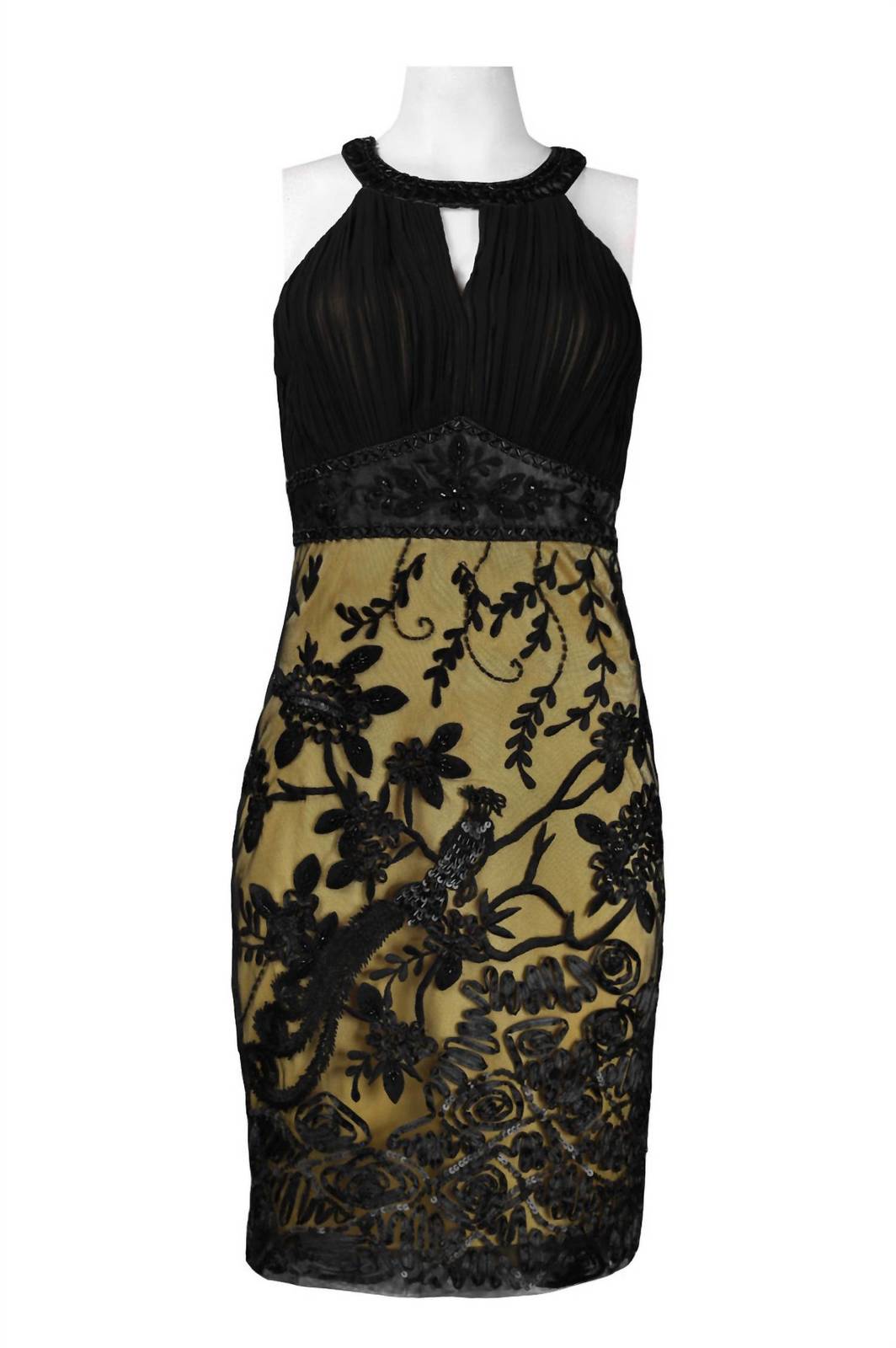 Sue Wong keyhole appliqué mesh sheath dress in BLACK GOLD