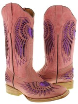 Womens Western Wear Boots Pink Leather Purple Sequins Heart Wings Size 6.5 - £63.97 GBP