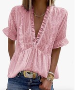 Happy Sailed Women Short Sleeve V Neck Frill Hem Loose Casual Ruffles Bl... - $16.82