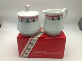 Sugar &amp; Creamer Christmas Tree  Hand Decorated Porcelain Vintage 1980s - $22.53