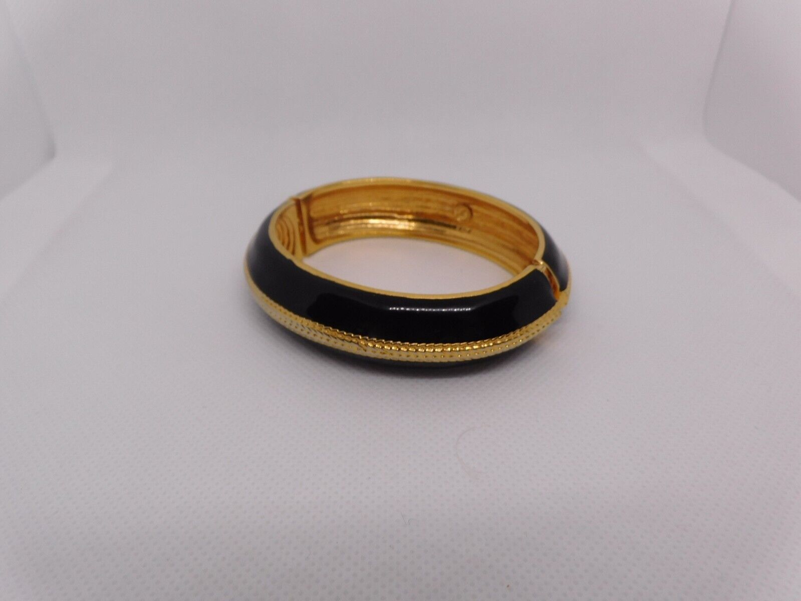 ST JOHN Vintage Black Enamel & Gold Tone Herringbone Design Hinged Bracelet EUVC - $99.95