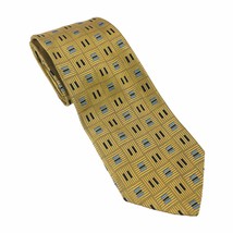 Neiman Marcus 100% Silk Men’s Tie Yellow/Gold w/Blue Squares 3.5&quot; - £15.11 GBP