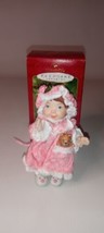 Hallmark Ornament 2001 Mistletoe Miss  Nina Aube Pink Bonneted Girl w Bear - £8.05 GBP