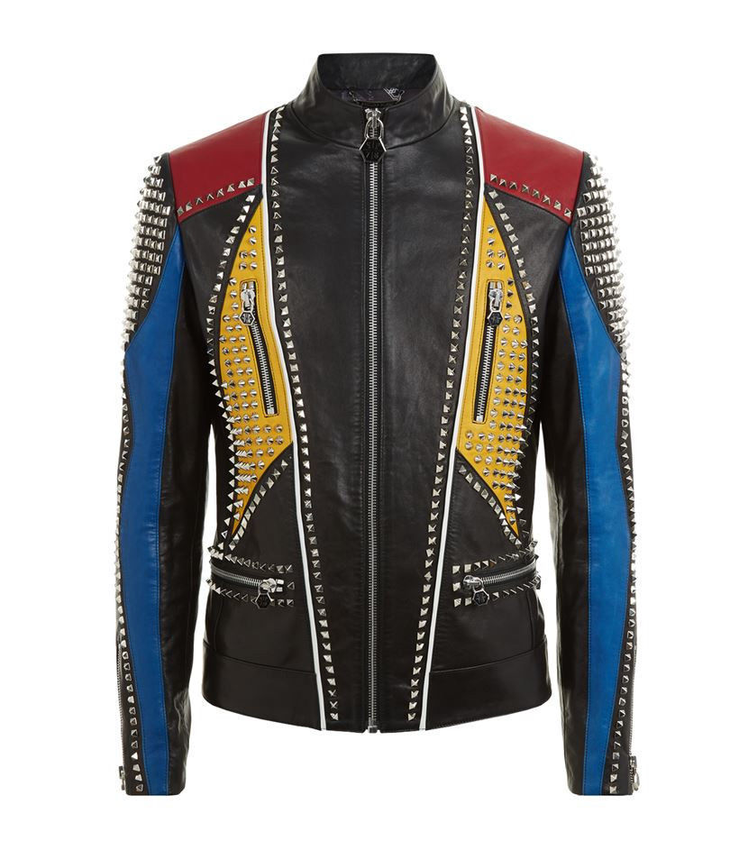 Men Handmade Multi color Philipp Plein Full Studded Leather Jacket 2019