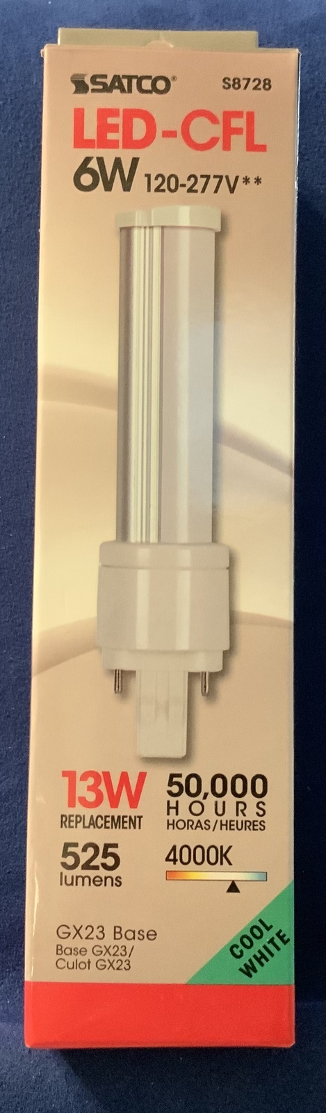 Satco S8728, LED-CFL, 6W, 120-277V,13W Replacement, 525 lumens, 4000K, G... - $2.59
