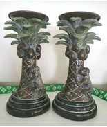 Heavy Designer Palm Tree Candlesticks with Monkeys, Coconuts 8&quot; Set Of 2 - $41.81 CAD