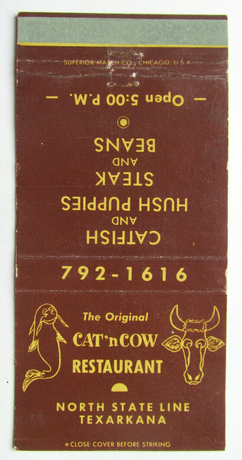 Primary image for Cat 'n Cow Restaurant - North State Line Texarkana, Texas 30FS Matchbook Cover