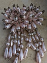 Sunburst  Rosette Faux Pearl Pink Waterfall Beaded Hair Clip Bridal Prom Vintage - £27.69 GBP