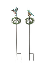 Set of 2 Metal Garden Stake Wind Spinners Hummingbird Robin Outdoor Décor - £23.72 GBP