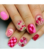 24pcs Short Square Baby Pink Striped Dots Heart Pattern Full Cover Fake ... - $9.99