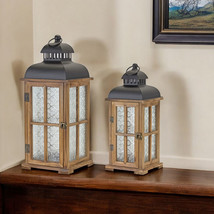 Set of Two Brown and Black Frosted Glass Wood and Metal Floor Lantern Candle Hol - $2,501.51 MXN