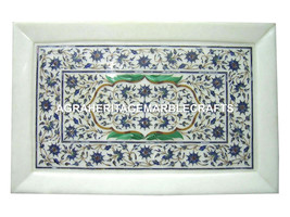 12&quot;x9&quot; Decorative White Marble Tray Lapis Lazuli Handmade Marquetry Decor H1165 - £383.15 GBP