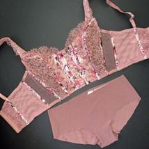 Victoria&#39;s Secret 36DD M/DD CORSET TOP BRA SET L panty pink ROSE brown Lace - £54.37 GBP