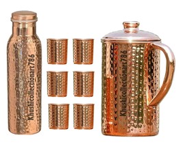 Copper Hammered Water Pitcher Jug 1500ML Hammered Bottle Tumbler Glass S... - £56.43 GBP