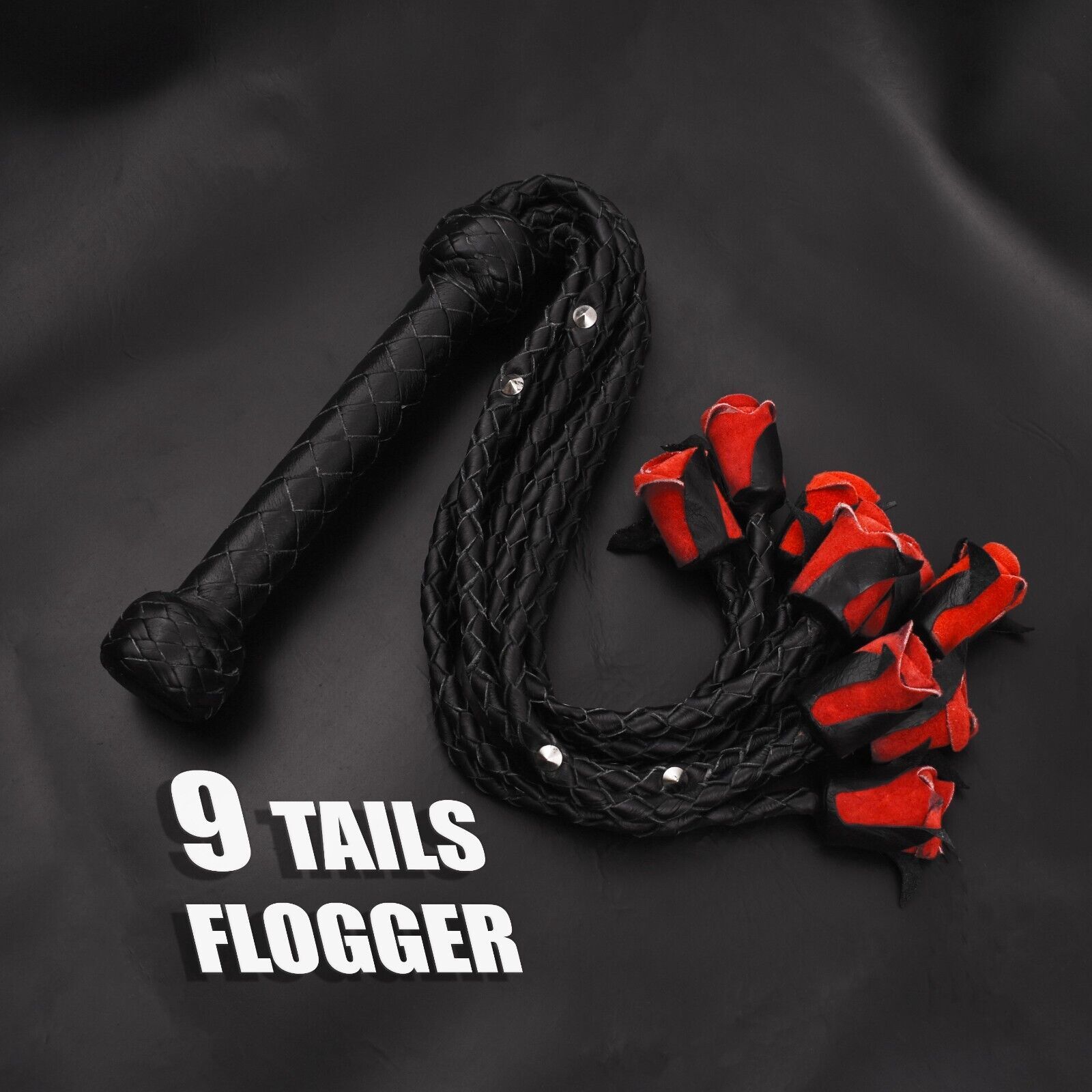 Real Red Rose Flogger, BDSM Suede Leather Flogger Whip 09 Tails Handmade Crop