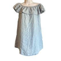 Lulus Women&#39;s Light Blue Chambray Off-The-Shoulder Shift Mini Dress Size S - £18.51 GBP