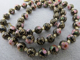 Cloisonné Beaded Necklace Hand Knotted 23&quot; Long Pink Flowers Black Red E... - $34.64